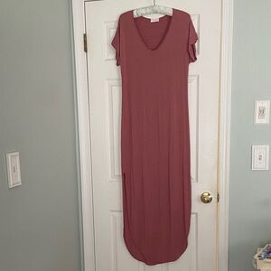 Pink Lily Dusty Rose V-Neck Short Sleeve Maxi Dress